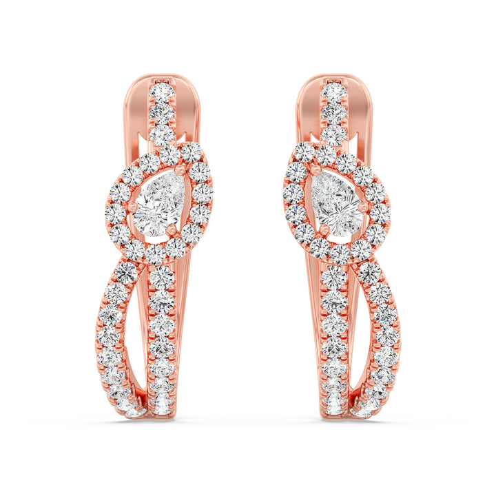 Twisted Hoop Earrings in 18K Rose Gold, adorned with round and pear-shaped lab-grown diamonds, highlighting the warm tones of rose gold and elegant craftsmanship