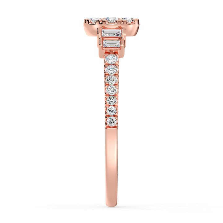 18K rose gold engagement ring featuring 0.57 carats of lab-grown round and baguette diamonds, radiating warmth and sophistication