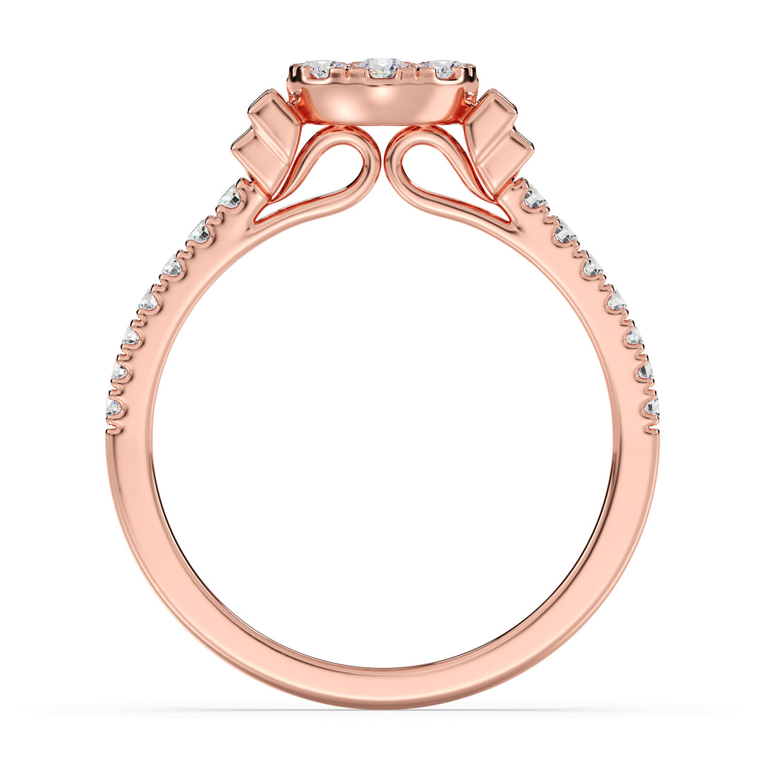 18K rose gold engagement ring featuring 0.57 carats of lab-grown round and baguette diamonds, radiating warmth and sophistication