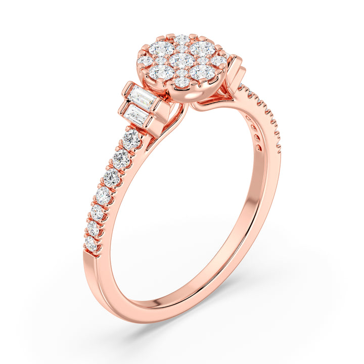 18K rose gold engagement ring featuring 0.57 carats of lab-grown round and baguette diamonds, radiating warmth and sophistication