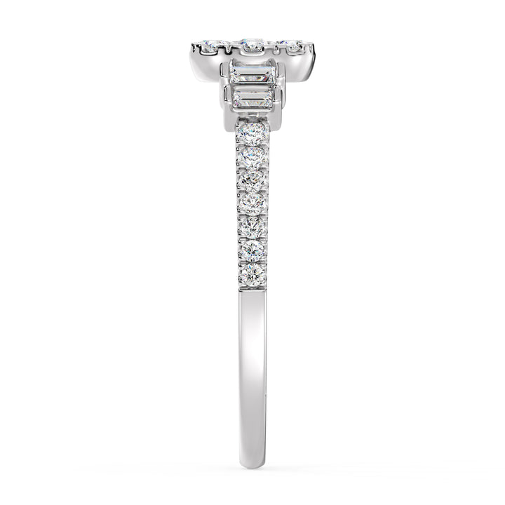 18K white gold engagement ring adorned with 0.57 carats of lab-grown round and baguette diamonds, exuding classic elegance and sparkle