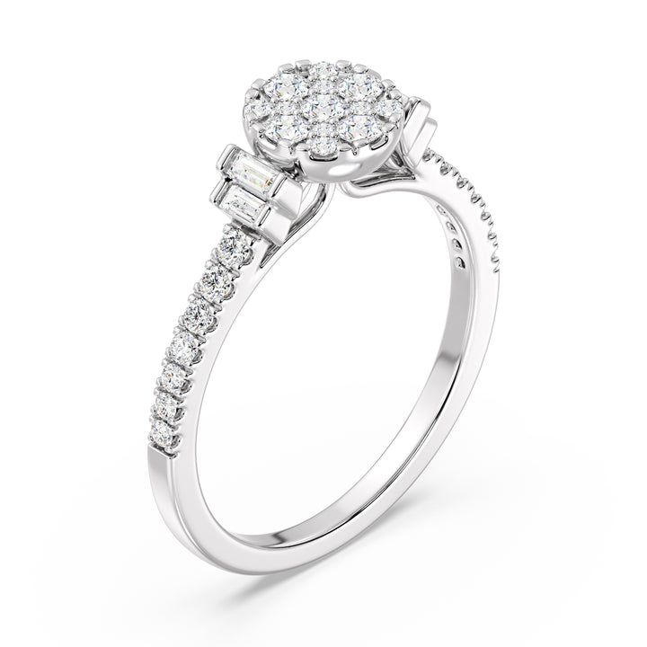 18K white gold engagement ring adorned with 0.57 carats of lab-grown round and baguette diamonds, exuding classic elegance and sparkle