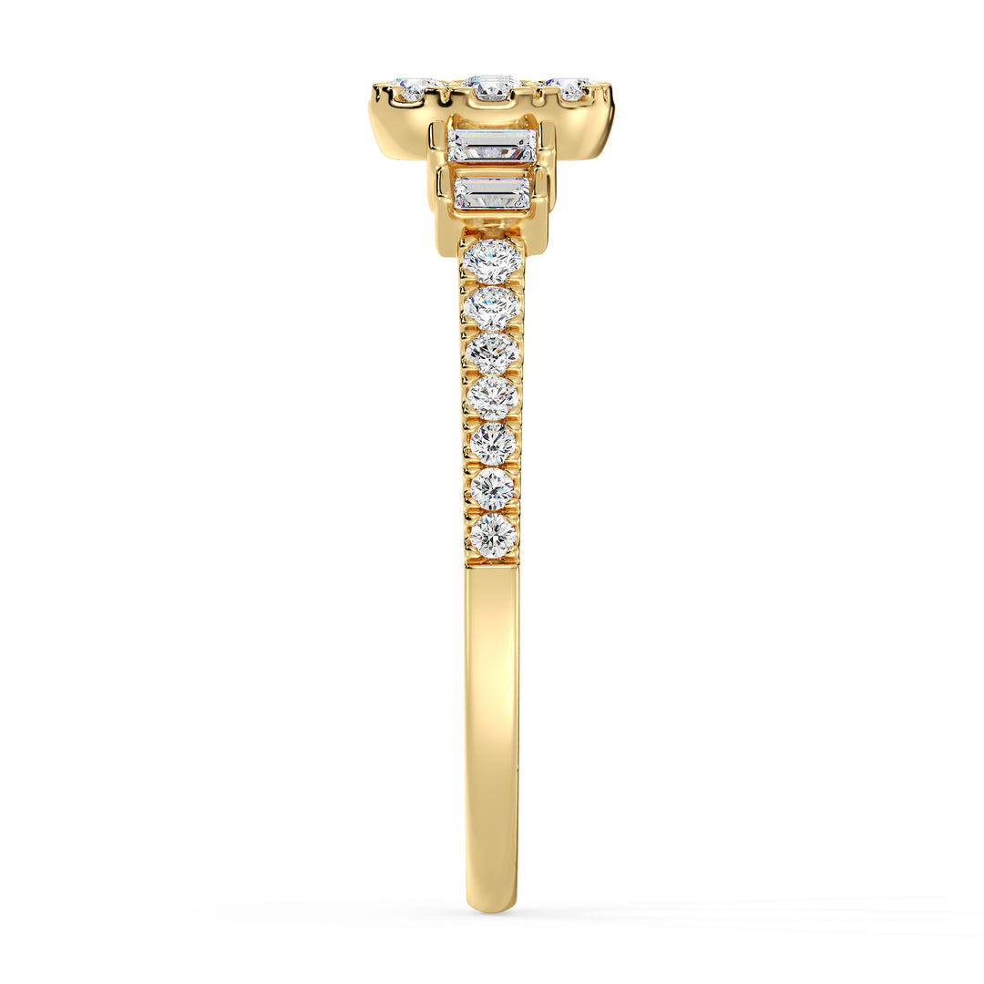 18K yellow gold engagement ring with 0.57 carats of lab-grown round and baguette diamonds, elegantly designed for timeless brilliance