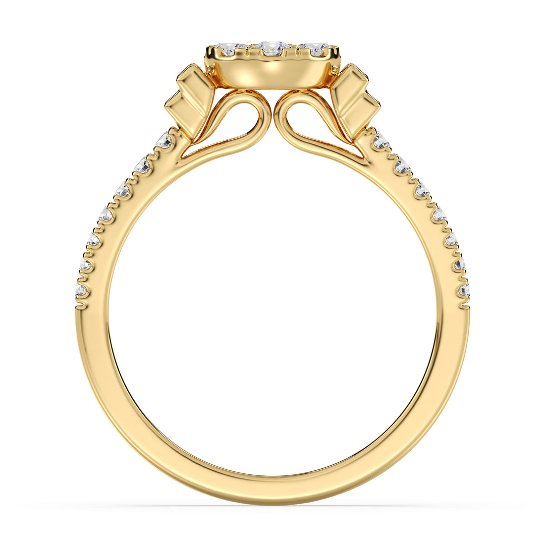 18K yellow gold engagement ring with 0.57 carats of lab-grown round and baguette diamonds, elegantly designed for timeless brilliance