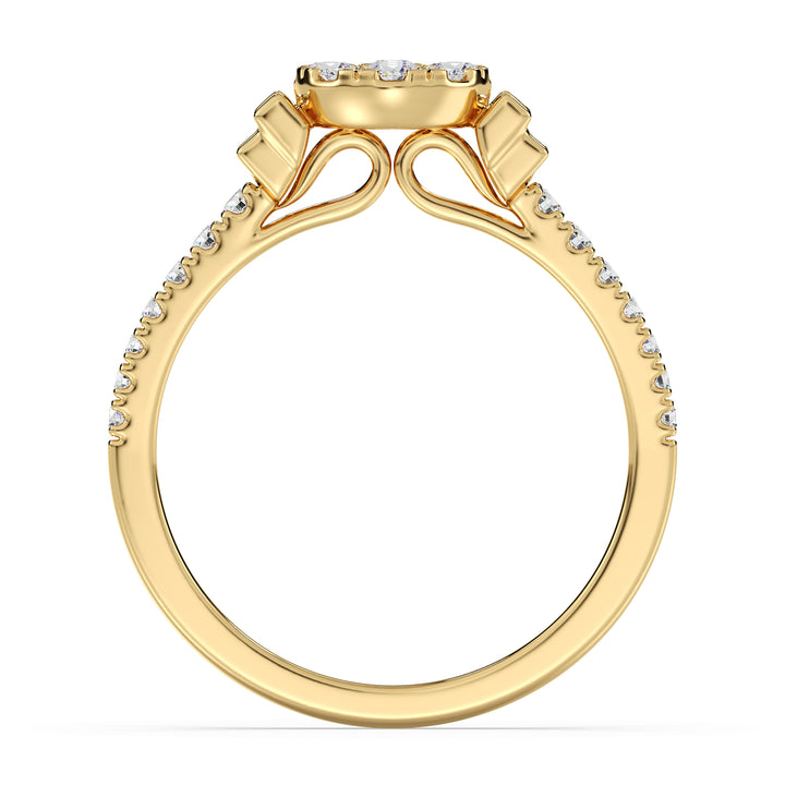 18K yellow gold engagement ring with 0.57 carats of lab-grown round and baguette diamonds, elegantly designed for timeless brilliance
