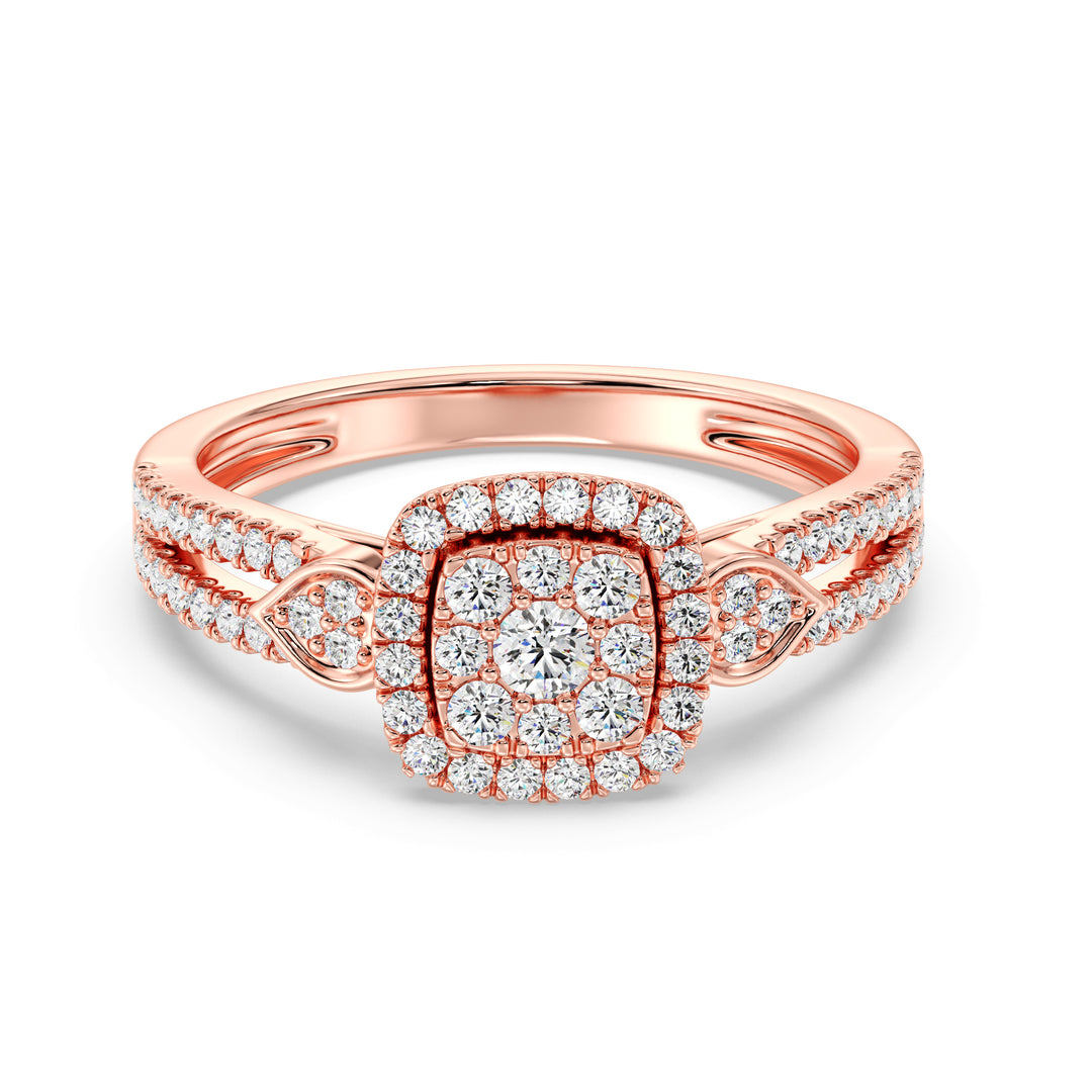 An exquisite 18K rose gold double halo square engagement ring adorned with 67 round lab-grown diamonds totaling 0.6 carats, with EF color and VS clarity. The soft pink hue of the rose gold beautifully complements the sparkling diamonds for a romantic and modern design.
