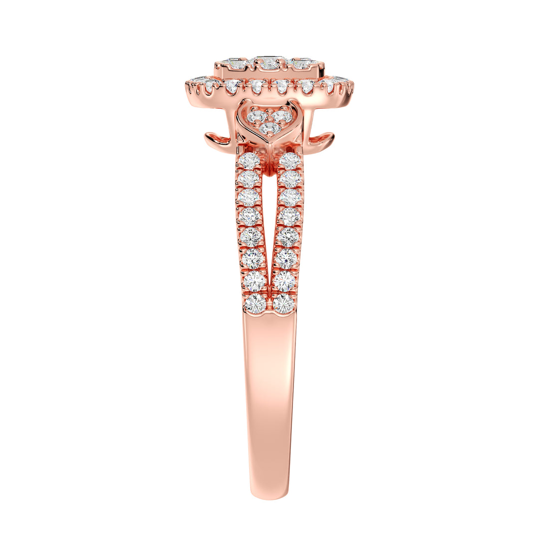 An exquisite 18K rose gold double halo square engagement ring adorned with 67 round lab-grown diamonds totaling 0.6 carats, with EF color and VS clarity. The soft pink hue of the rose gold beautifully complements the sparkling diamonds for a romantic and modern design.