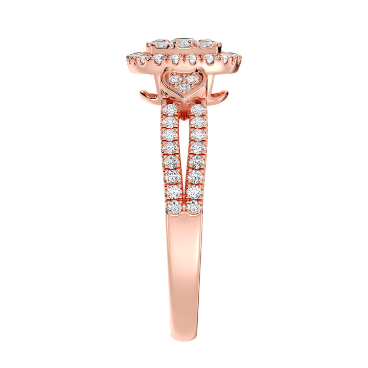 An exquisite 18K rose gold double halo square engagement ring adorned with 67 round lab-grown diamonds totaling 0.6 carats, with EF color and VS clarity. The soft pink hue of the rose gold beautifully complements the sparkling diamonds for a romantic and modern design.