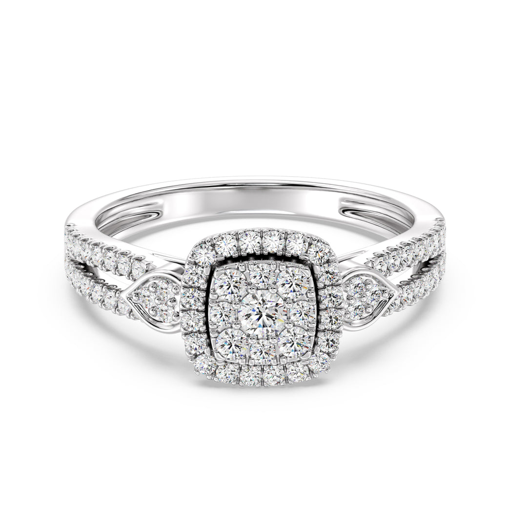 A sophisticated 18K white gold double halo square engagement ring showcasing 67 round lab-grown diamonds totaling 0.6 carats, with EF color and VS clarity. The sleek white gold setting accentuates the brilliance of the diamonds, creating a timeless and elegant piece