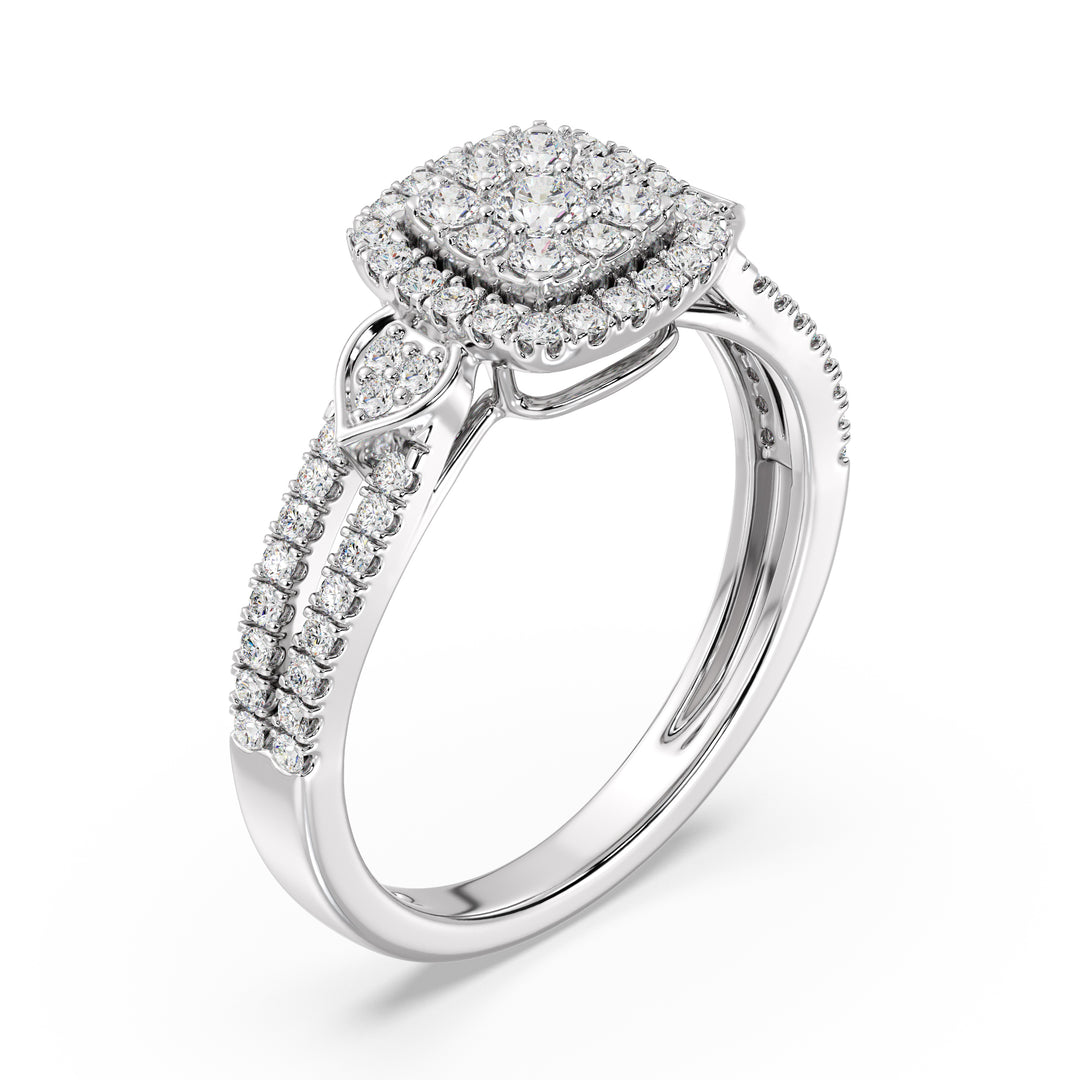 A sophisticated 18K white gold double halo square engagement ring showcasing 67 round lab-grown diamonds totaling 0.6 carats, with EF color and VS clarity. The sleek white gold setting accentuates the brilliance of the diamonds, creating a timeless and elegant piece
