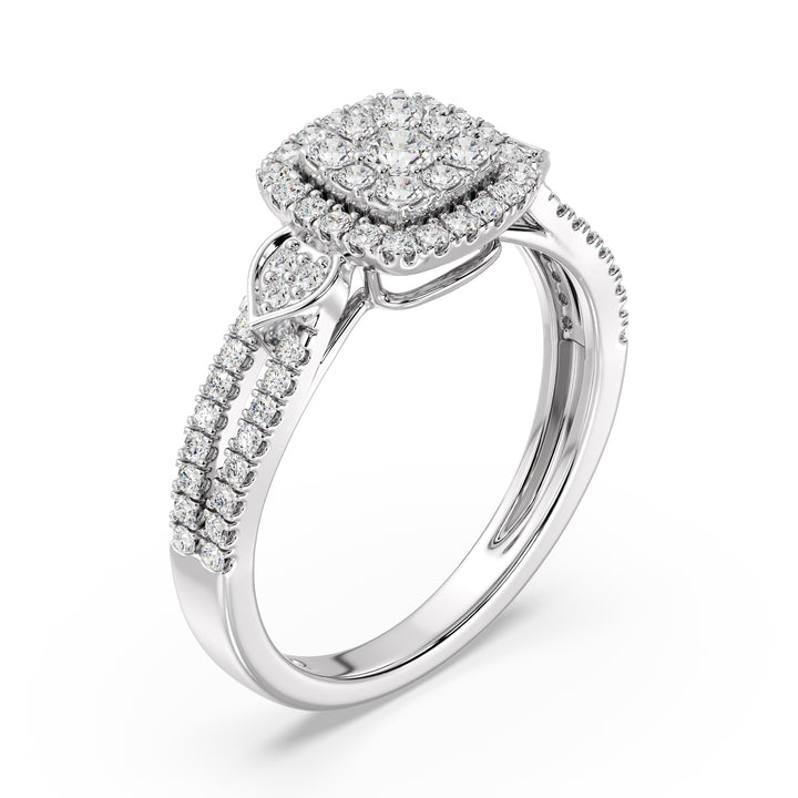 A sophisticated 18K white gold double halo square engagement ring showcasing 67 round lab-grown diamonds totaling 0.6 carats, with EF color and VS clarity. The sleek white gold setting accentuates the brilliance of the diamonds, creating a timeless and elegant piece