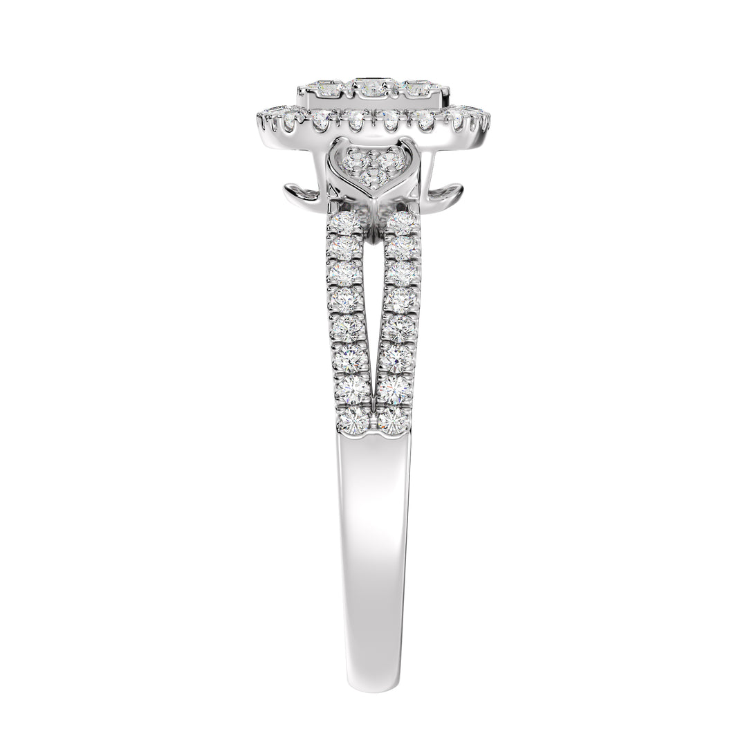 A sophisticated 18K white gold double halo square engagement ring showcasing 67 round lab-grown diamonds totaling 0.6 carats, with EF color and VS clarity. The sleek white gold setting accentuates the brilliance of the diamonds, creating a timeless and elegant piece