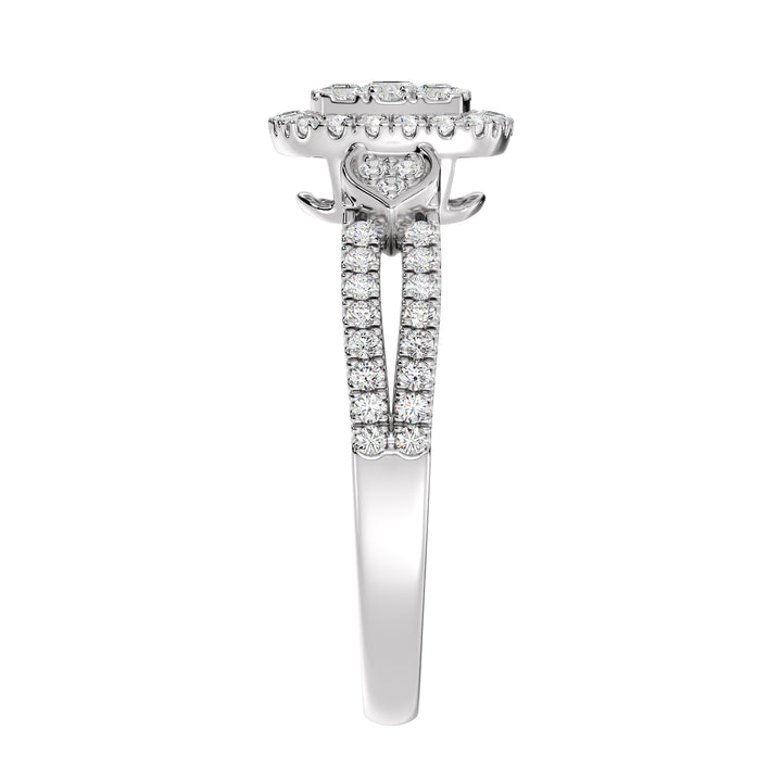 A sophisticated 18K white gold double halo square engagement ring showcasing 67 round lab-grown diamonds totaling 0.6 carats, with EF color and VS clarity. The sleek white gold setting accentuates the brilliance of the diamonds, creating a timeless and elegant piece