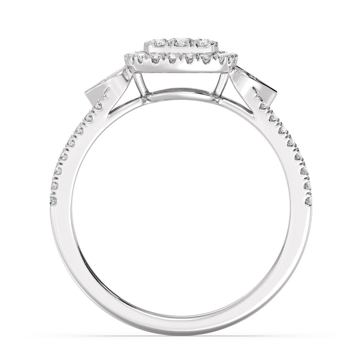 A sophisticated 18K white gold double halo square engagement ring showcasing 67 round lab-grown diamonds totaling 0.6 carats, with EF color and VS clarity. The sleek white gold setting accentuates the brilliance of the diamonds, creating a timeless and elegant piece