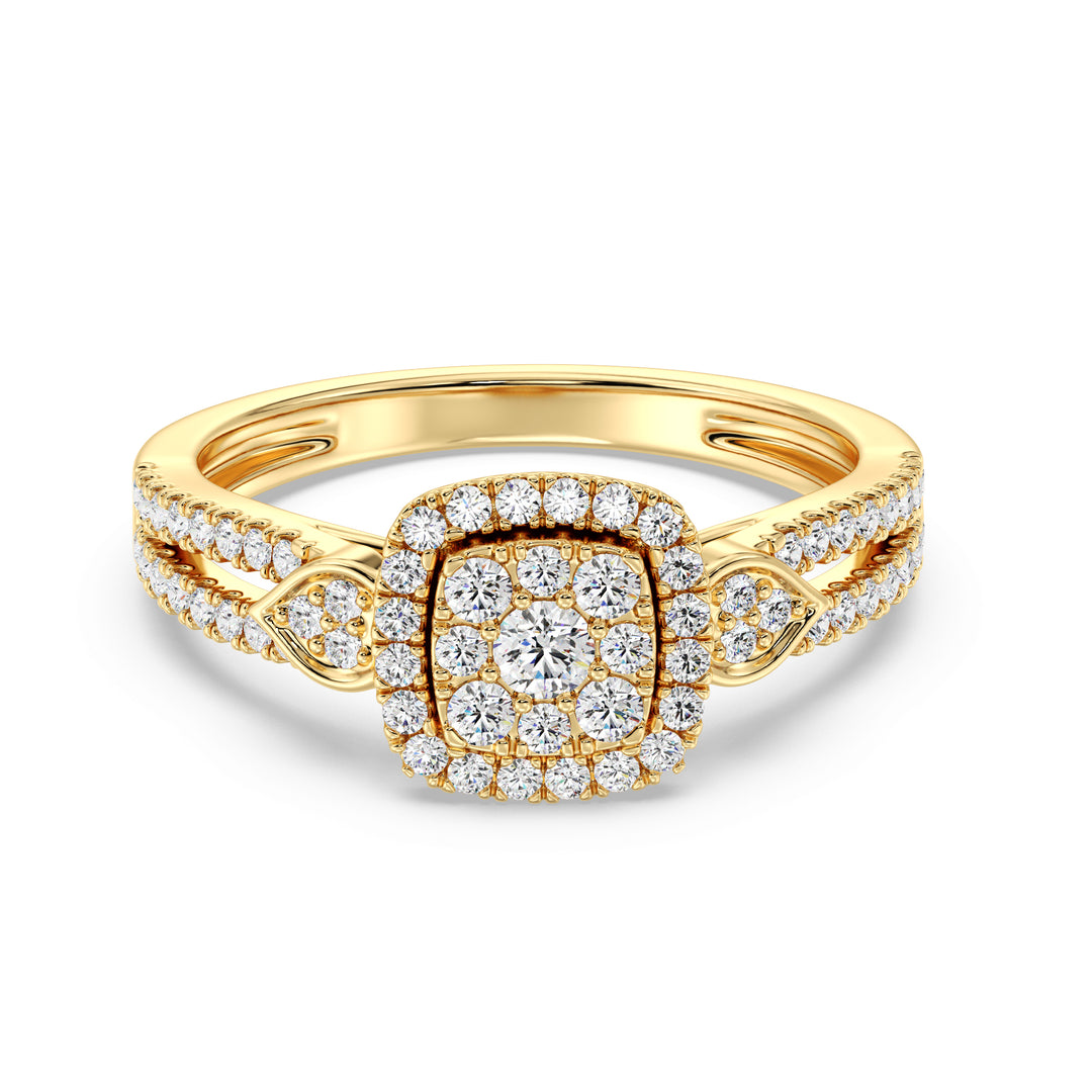 A stunning 18K yellow gold double halo square engagement ring featuring 67 round lab-grown diamonds totaling 0.6 carats, with EF color and VS clarity. The warm gold tone enhances the brilliance of the diamonds for a timeless, elegant look.