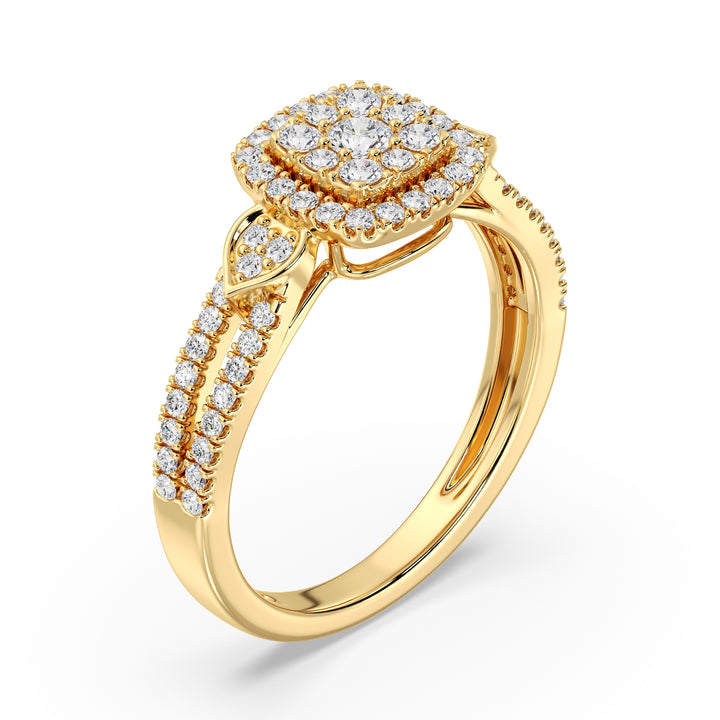 A stunning 18K yellow gold double halo square engagement ring featuring 67 round lab-grown diamonds totaling 0.6 carats, with EF color and VS clarity. The warm gold tone enhances the brilliance of the diamonds for a timeless, elegant look.