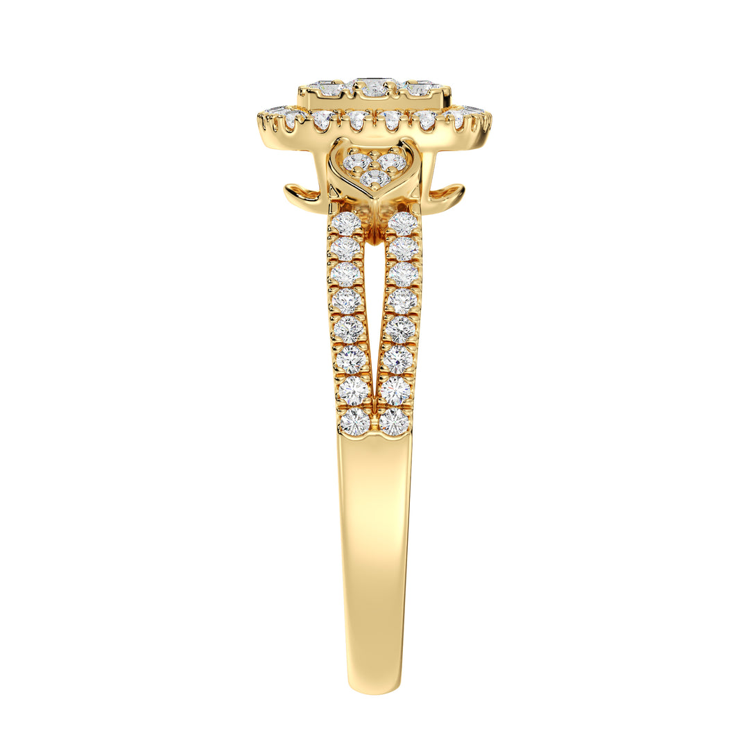 A stunning 18K yellow gold double halo square engagement ring featuring 67 round lab-grown diamonds totaling 0.6 carats, with EF color and VS clarity. The warm gold tone enhances the brilliance of the diamonds for a timeless, elegant look.