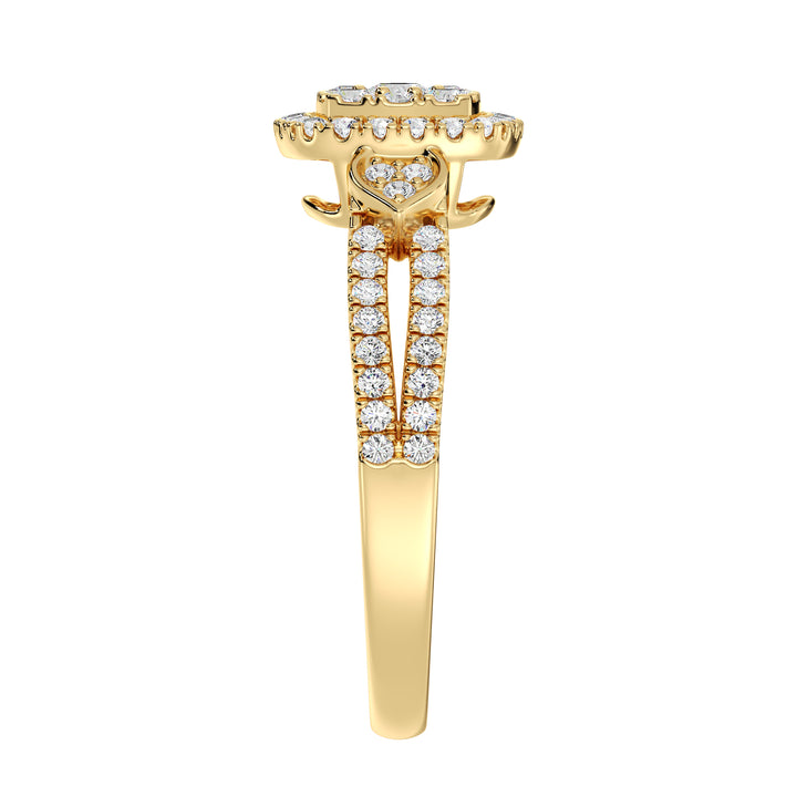 A stunning 18K yellow gold double halo square engagement ring featuring 67 round lab-grown diamonds totaling 0.6 carats, with EF color and VS clarity. The warm gold tone enhances the brilliance of the diamonds for a timeless, elegant look.