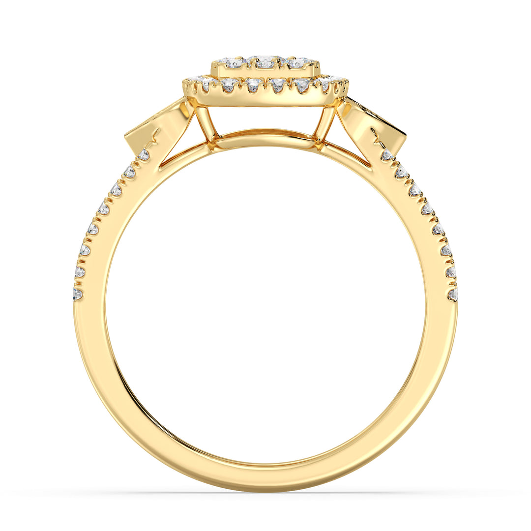 A stunning 18K yellow gold double halo square engagement ring featuring 67 round lab-grown diamonds totaling 0.6 carats, with EF color and VS clarity. The warm gold tone enhances the brilliance of the diamonds for a timeless, elegant look.