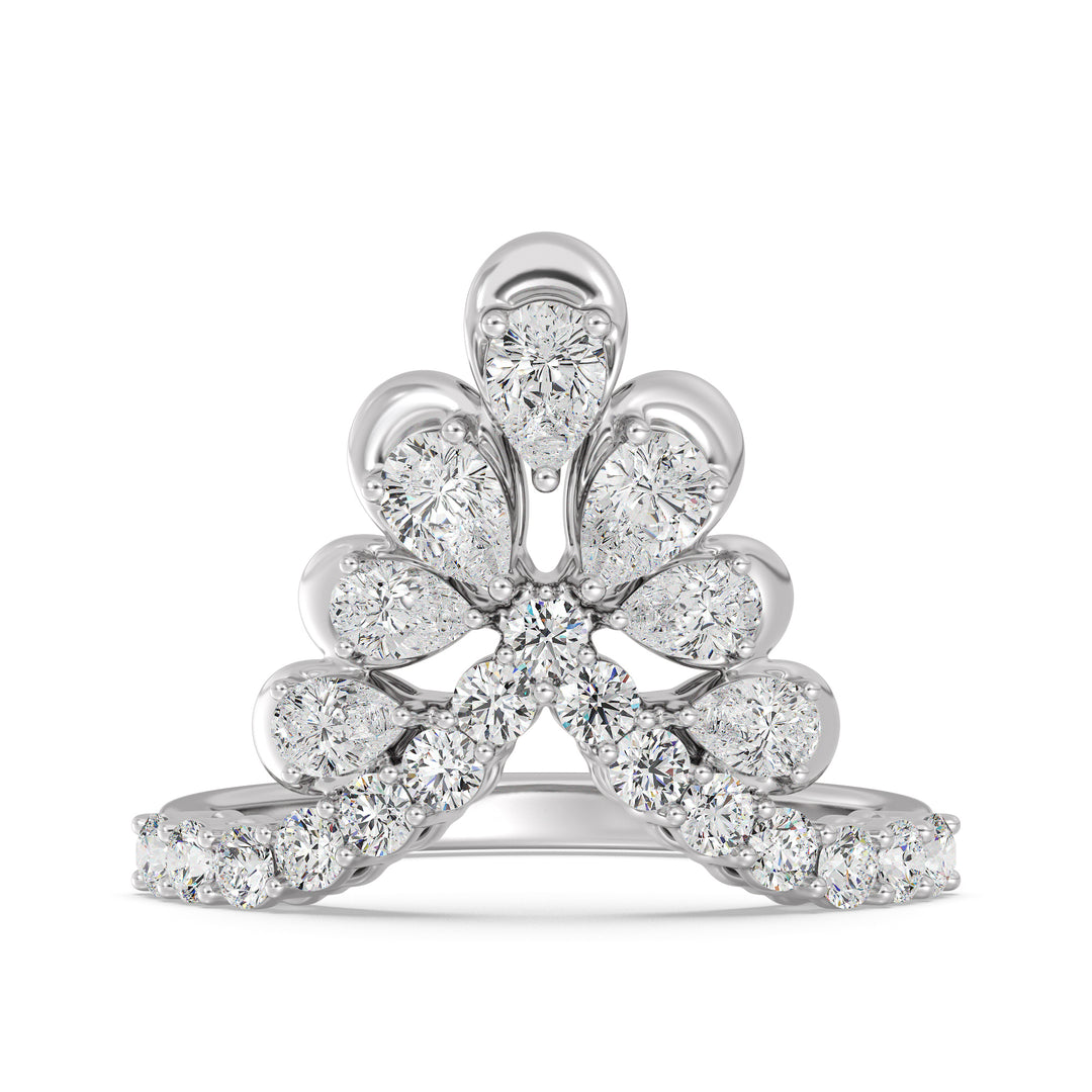 18K White Gold Blooming Floret Cather Ring embellished with 7 pear-cut and 15 round-cut lab-grown diamonds, totaling 1.45 carats, designed in a timeless floral pattern