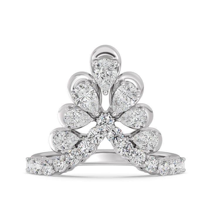 18K White Gold Blooming Floret Cather Ring embellished with 7 pear-cut and 15 round-cut lab-grown diamonds, totaling 1.45 carats, designed in a timeless floral pattern