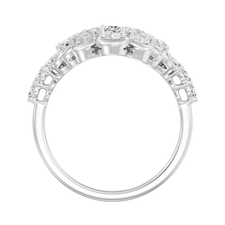 18K White Gold Blooming Floret Cather Ring embellished with 7 pear-cut and 15 round-cut lab-grown diamonds, totaling 1.45 carats, designed in a timeless floral pattern