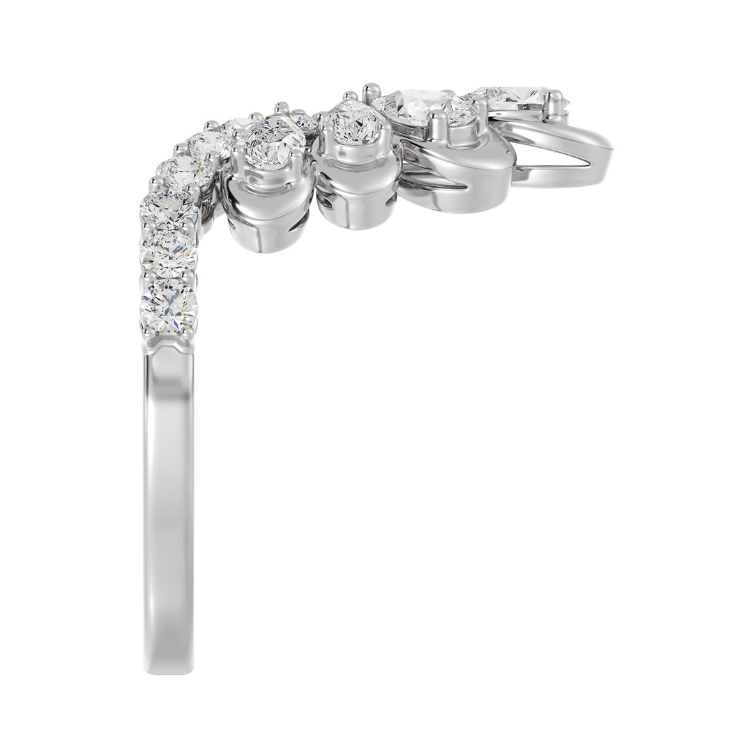 18K White Gold Blooming Floret Cather Ring embellished with 7 pear-cut and 15 round-cut lab-grown diamonds, totaling 1.45 carats, designed in a timeless floral pattern