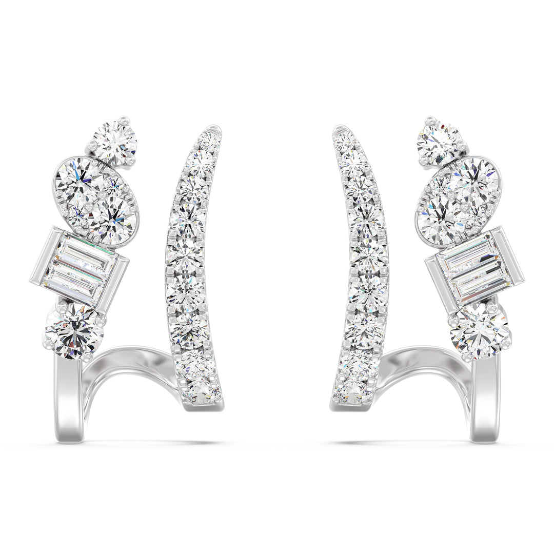 18K White Gold Diamond-Studded Hoop Earrings showcasing round and baguette lab-grown diamonds, delivering a radiant and modern elegance with EF color and VS clarity