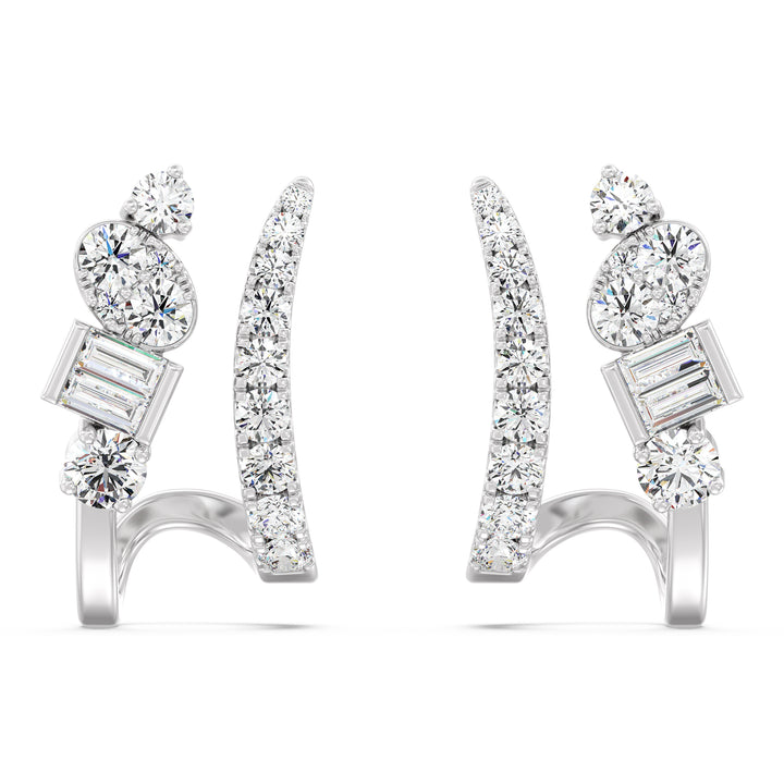18K White Gold Diamond-Studded Hoop Earrings showcasing round and baguette lab-grown diamonds, delivering a radiant and modern elegance with EF color and VS clarity