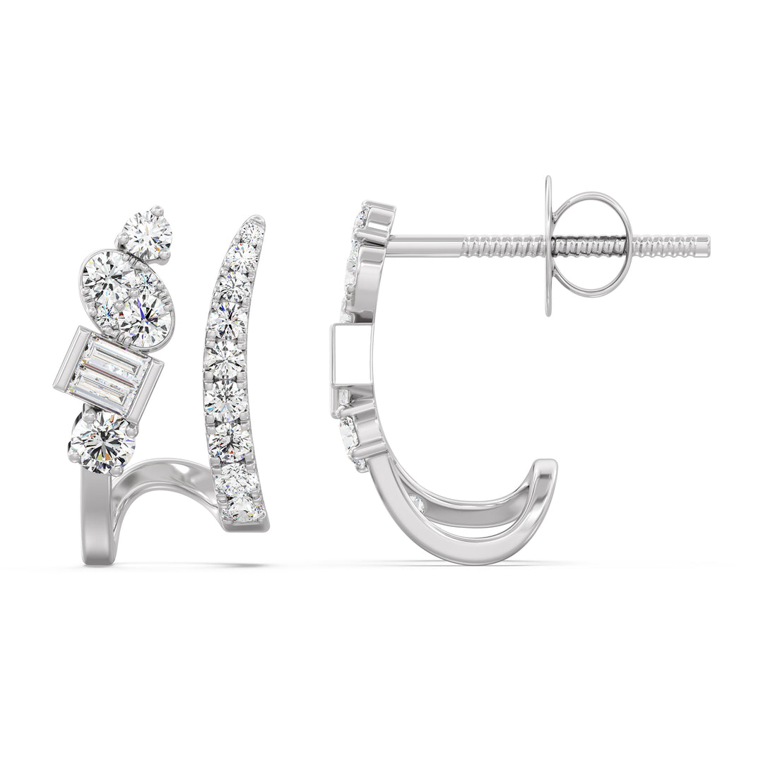 18K White Gold Diamond-Studded Hoop Earrings showcasing round and baguette lab-grown diamonds, delivering a radiant and modern elegance with EF color and VS clarity