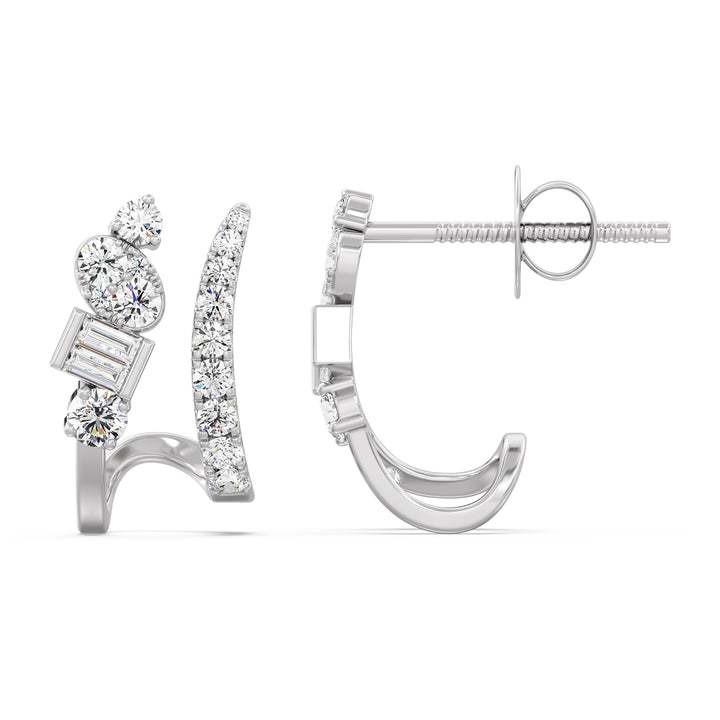18K White Gold Diamond-Studded Hoop Earrings showcasing round and baguette lab-grown diamonds, delivering a radiant and modern elegance with EF color and VS clarity