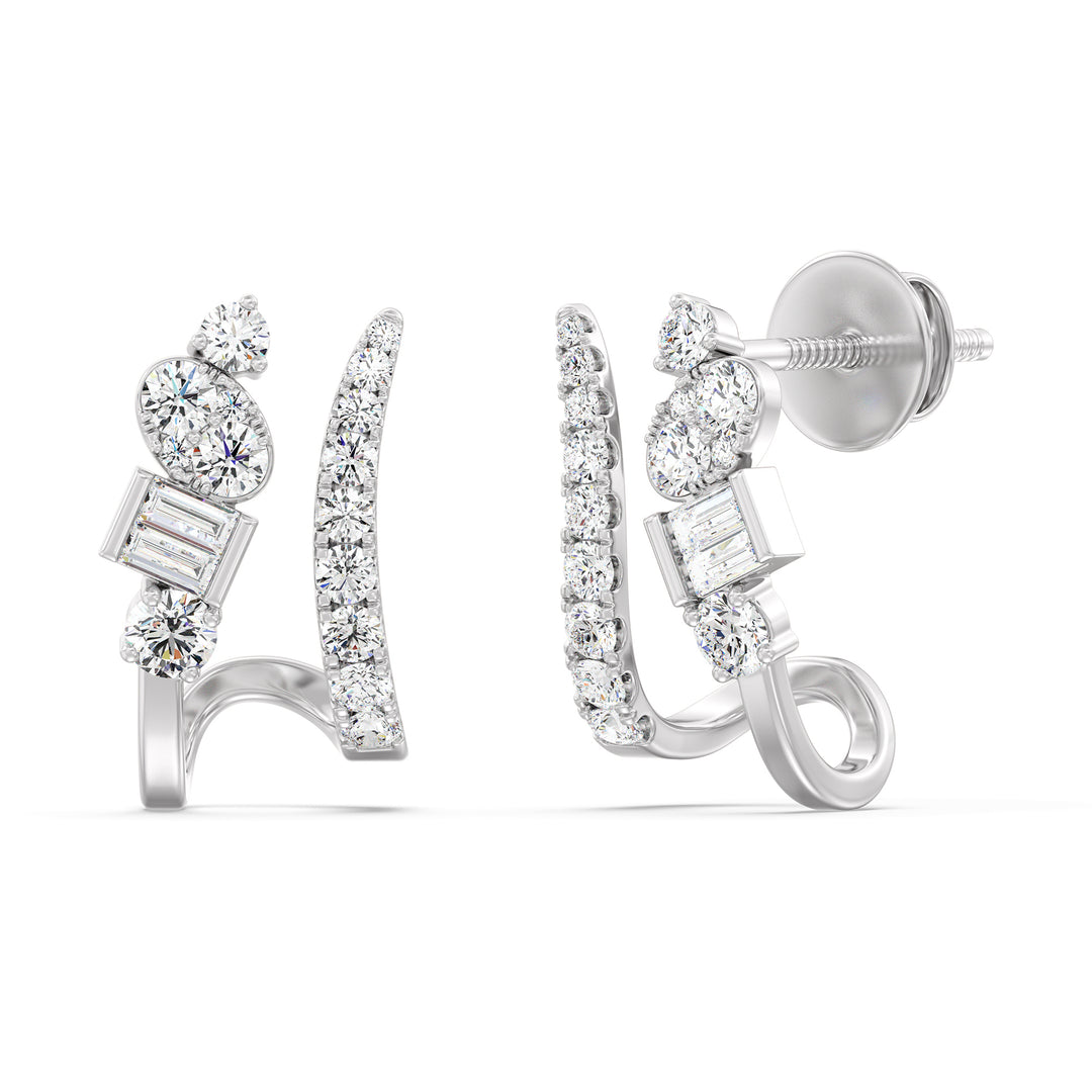 18K White Gold Diamond-Studded Hoop Earrings showcasing round and baguette lab-grown diamonds, delivering a radiant and modern elegance with EF color and VS clarity