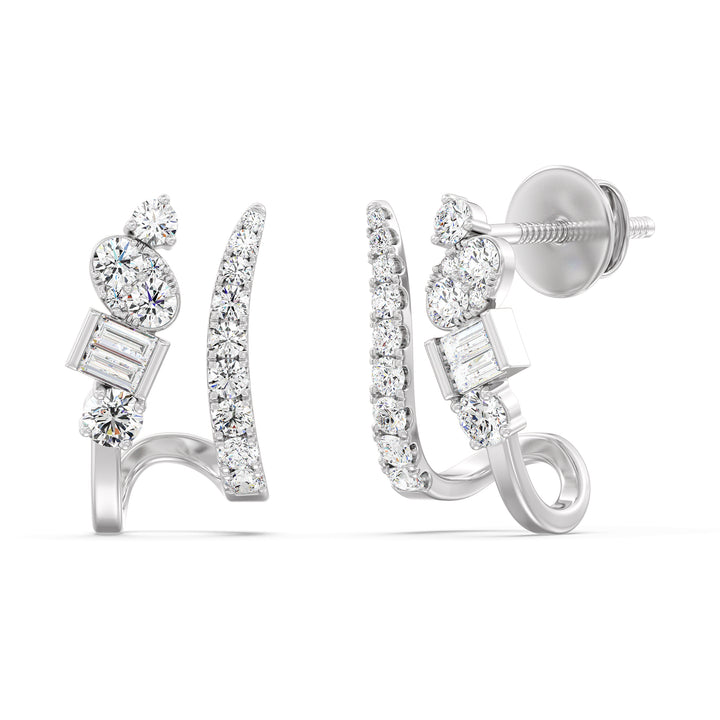 18K White Gold Diamond-Studded Hoop Earrings showcasing round and baguette lab-grown diamonds, delivering a radiant and modern elegance with EF color and VS clarity