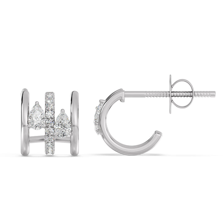 White Gold 18K Triple Hoop Huggie Earrings highlighted by lab-grown pear and round-cut diamonds, offering a sleek and modern aesthetic with a secure closure