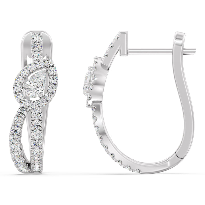 Twisted Hoop Earrings in 18K White Gold, elegantly designed with round and pear-shaped lab-grown diamonds, exuding a timeless and sophisticated charm