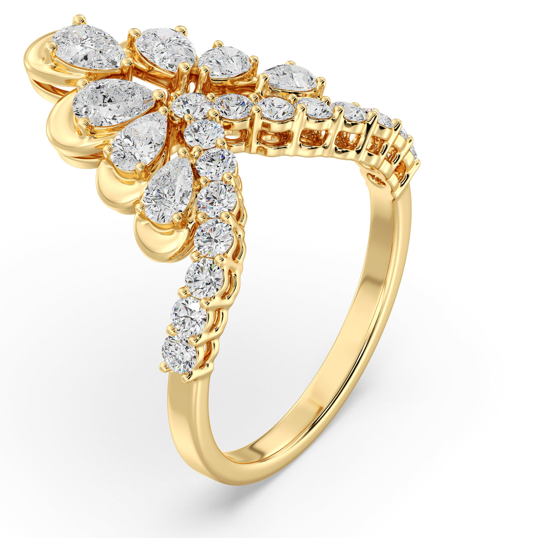 18K Yellow Gold Blooming Floret Cather Ring adorned with 7 pear-cut and 15 round-cut lab-grown diamonds, totaling 1.45 carats, showcasing a stunning floral design