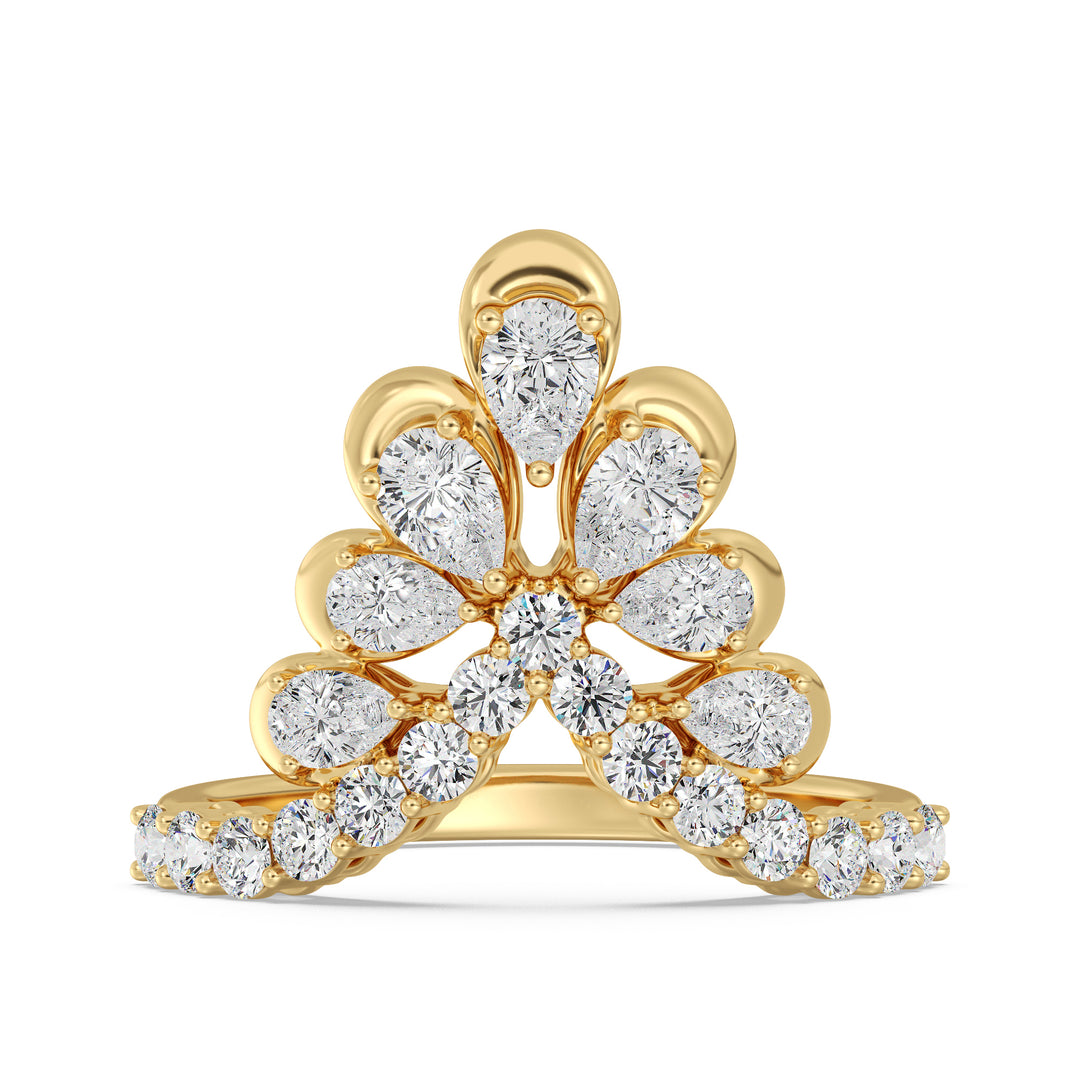 18K Yellow Gold Blooming Floret Cather Ring adorned with 7 pear-cut and 15 round-cut lab-grown diamonds, totaling 1.45 carats, showcasing a stunning floral design