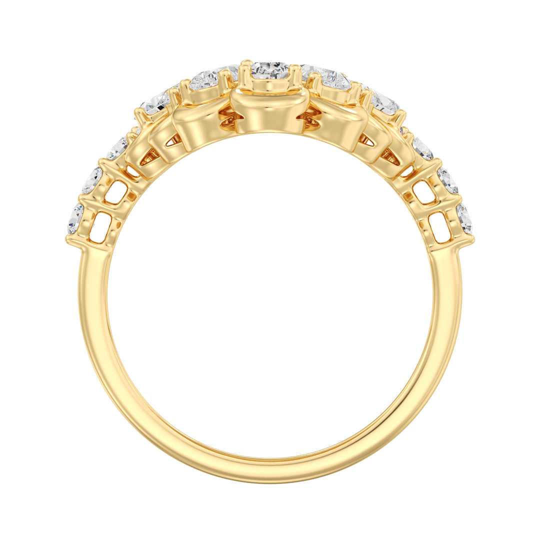 18K Yellow Gold Blooming Floret Cather Ring adorned with 7 pear-cut and 15 round-cut lab-grown diamonds, totaling 1.45 carats, showcasing a stunning floral design