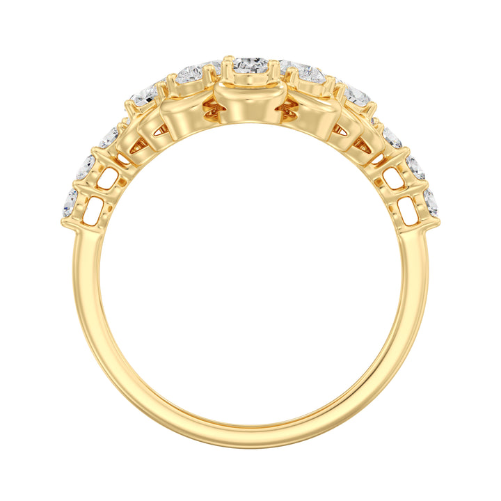 18K Yellow Gold Blooming Floret Cather Ring adorned with 7 pear-cut and 15 round-cut lab-grown diamonds, totaling 1.45 carats, showcasing a stunning floral design