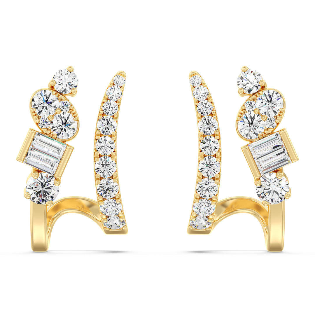 18K Yellow Gold Diamond-Studded Hoop Earrings featuring round and baguette lab-grown diamonds with EF color and VS clarity, perfect for a timeless and elegant look