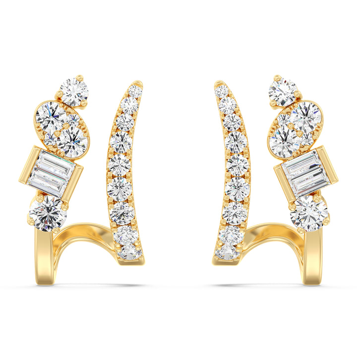 18K Yellow Gold Diamond-Studded Hoop Earrings featuring round and baguette lab-grown diamonds with EF color and VS clarity, perfect for a timeless and elegant look