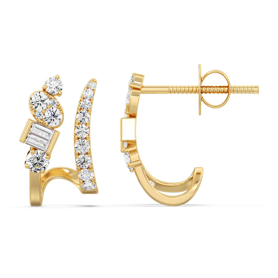 18K Yellow Gold Diamond-Studded Hoop Earrings featuring round and baguette lab-grown diamonds with EF color and VS clarity, perfect for a timeless and elegant look