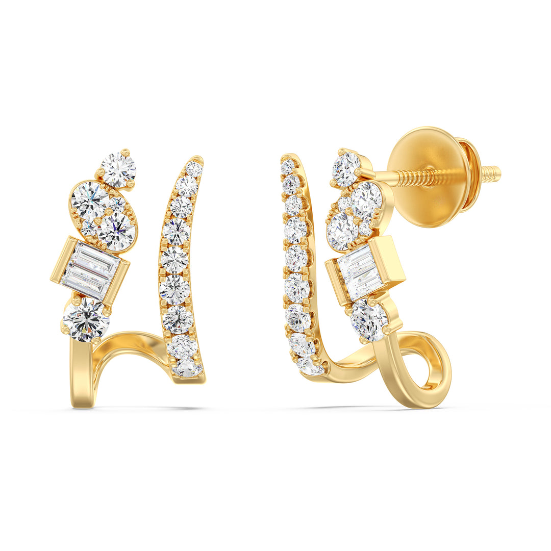 18K Yellow Gold Diamond-Studded Hoop Earrings featuring round and baguette lab-grown diamonds with EF color and VS clarity, perfect for a timeless and elegant look