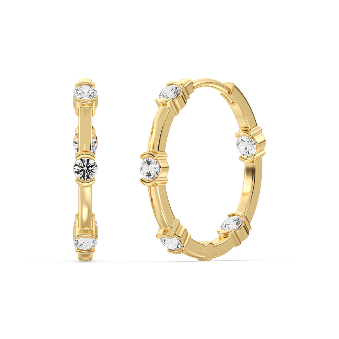 18K Yellow Gold Hoop Earrings adorned with 1.10 Ct EF/VS round lab-grown diamonds, showcasing a timeless and elegant design