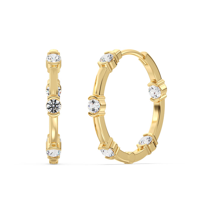 18K Yellow Gold Hoop Earrings adorned with 1.10 Ct EF/VS round lab-grown diamonds, showcasing a timeless and elegant design