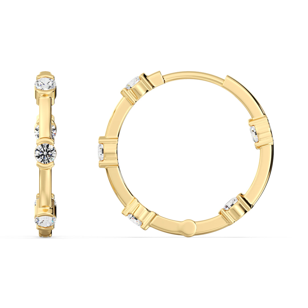 18K Yellow Gold Hoop Earrings adorned with 1.10 Ct EF/VS round lab-grown diamonds, showcasing a timeless and elegant design