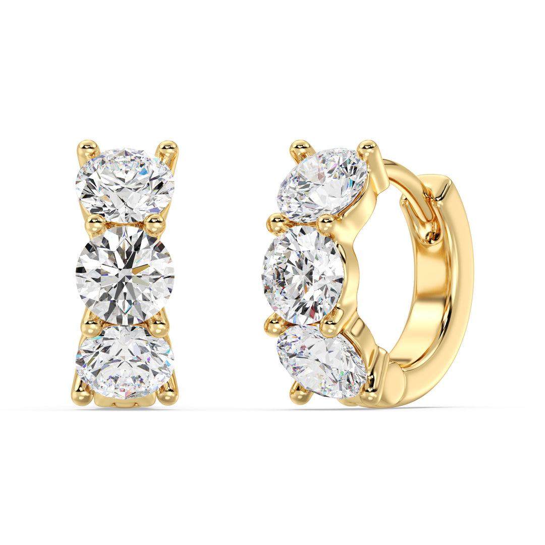 18K Yellow Gold Huggie Hoop Earrings with 1.38 Ct Round Lab-Grown Diamonds – Elegant and Sustainable Jewelry.