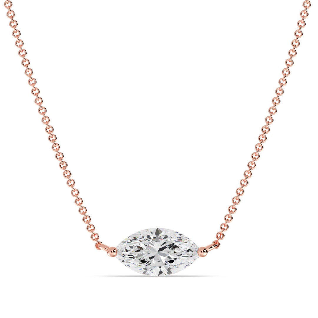 2.00 Carat Marquise-Cut Lab-Grown Diamond Solitaire Pendant Necklace set in 18K Rose Gold with a delicate chain, highlighting the diamond's sparkle and the romantic blush tone of rose gold