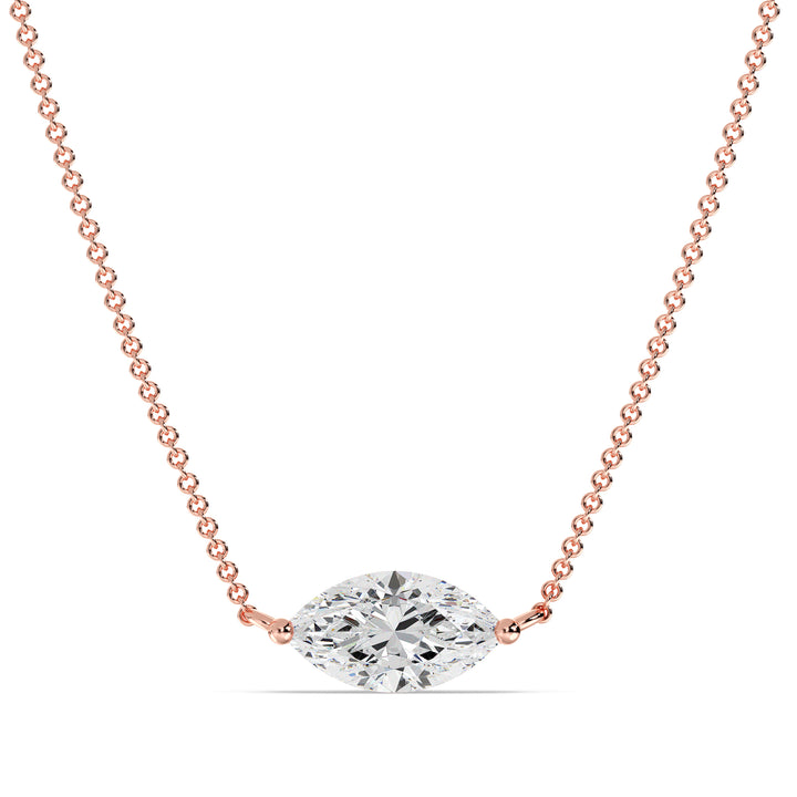 2.00 Carat Marquise-Cut Lab-Grown Diamond Solitaire Pendant Necklace set in 18K Rose Gold with a delicate chain, highlighting the diamond's sparkle and the romantic blush tone of rose gold