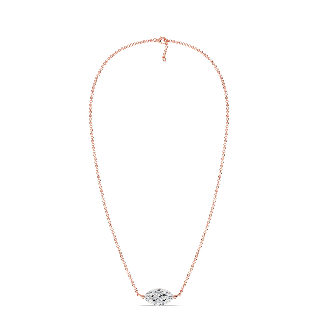 2.00 Carat Marquise-Cut Lab-Grown Diamond Solitaire Pendant Necklace set in 18K Rose Gold with a delicate chain, highlighting the diamond's sparkle and the romantic blush tone of rose gold